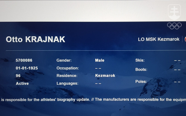 Printscreen vizitky Otta Krajňáka na webovej stránke Medzinárodnej lyžiarskej federácie. Ako aktívny pretekár tam bol evidovaný aj vo veku 96 rokov!