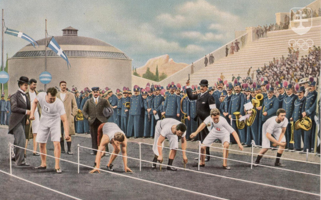 Fotografia zo štartu behu na 100 m na prvých novovekých olympijských hrách v Aténach 1896. Hry sa mohli uskutočniť vďaka dvom historickým rozhodnutiam z 23. júna 1896. Ich dejiskom bolo hlavné mesto Grécka, kolísky antických Olympijských hier.