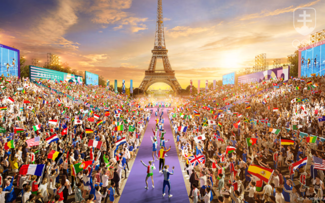 Vizualizácia otváracieho ceremoniálu OH na Trocadérskom námestí, odkiaľ je najlepší výhľad na Eiffelovu vežu.