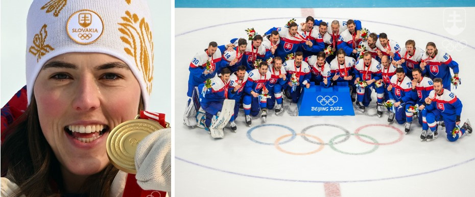 Naši tohtoroční olympijskí medailisti zo ZOH v Pekingu - zjazdárka Petra Vlhová, zlatá v slalome, a bronzové družstvo hokejistov.