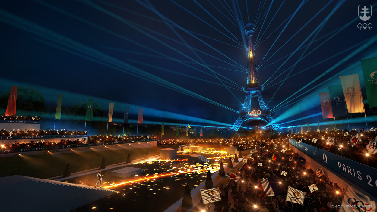 Otvárací ceremoniál OH má 26. júla 2024 vyvrcholiť v priestoroch záhrad Trocadéra oproti Eiffelovej veži. Takto ho stvárňuje vizualizácia.