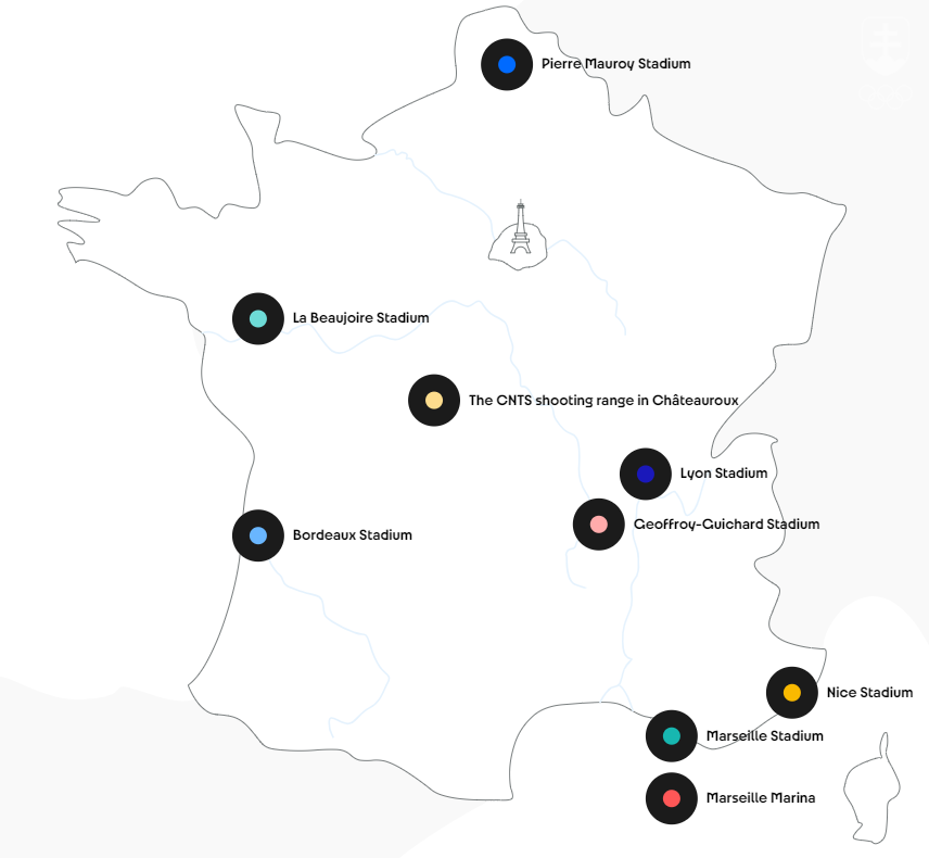 Mapka rozmiestnenia olympijských športovísk na území Francúzska mimo Paríža.