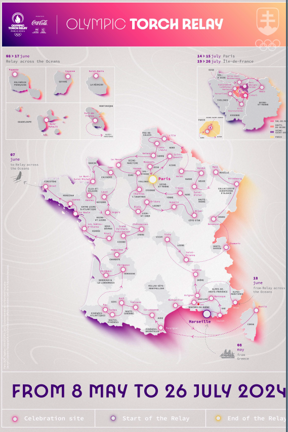 Mapka štafety s olympijským ohňom pre Paríž 2024 po území Francúzska.