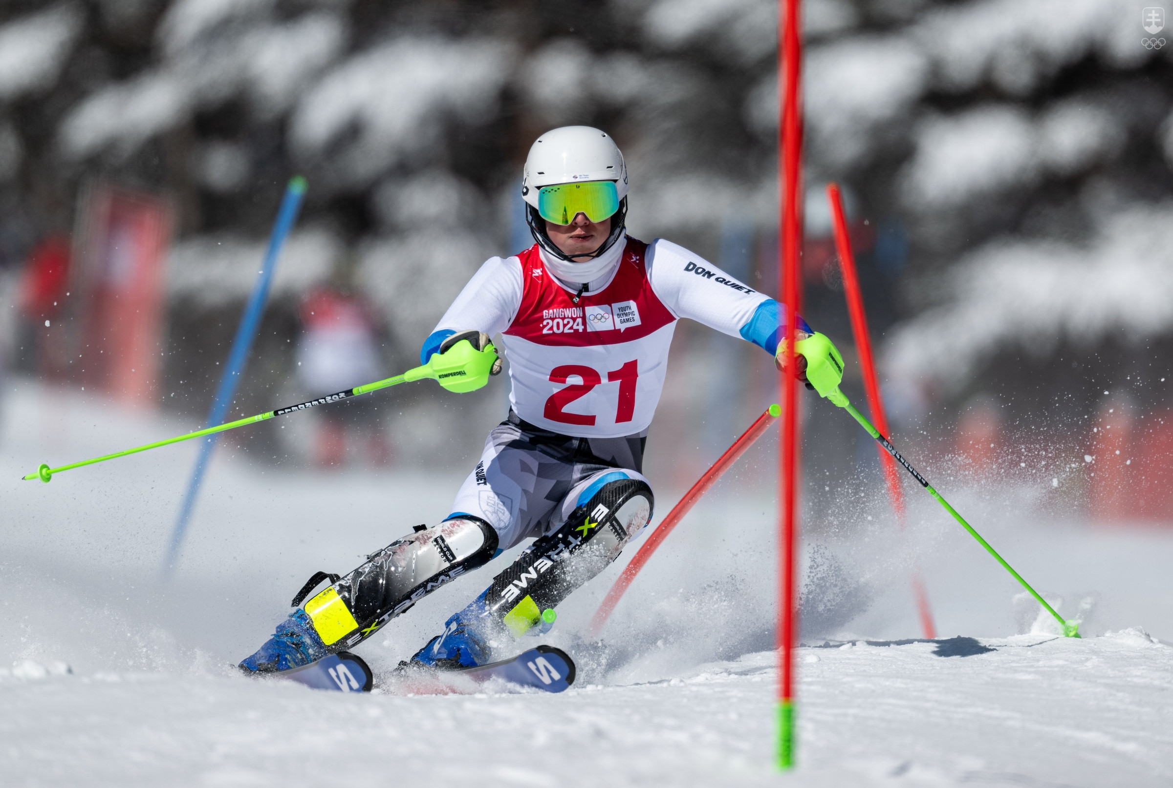 Andrej Barnáš na trati prvého kola slalomu na ZOH mládeže v kórejskom Kangwone.