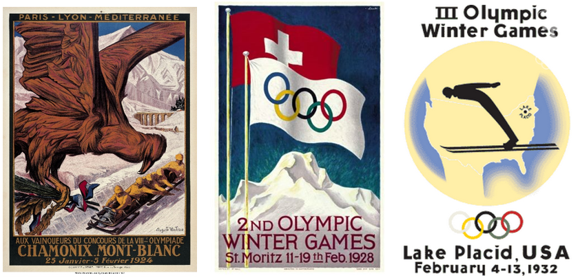 Plagáty ZOH 1924 v Chamonix, 1928 v St. Moritzi a 1932 v Lake Placid.