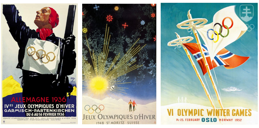 Plagáty ZOH 1936 v Ga-Pa, 1948 v St, Moritzi a 1952 v Osle.