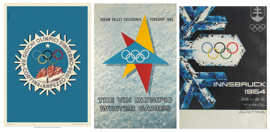 Plagáty ZOH 1956 v Cortine d´Ampezzo, 1960 v Squaw Valley a 1964 v Innsbrucku.