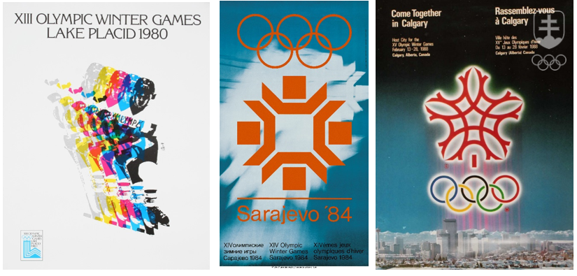 Plagáty ZOH 1980 v Lake Placid, 1984 v Sarajeve a 1988 v Calgary.