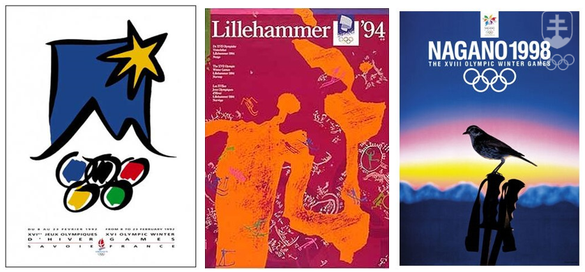 Plagáty ZOH 1992 v Albertville, 1994 v Lillehammeri a 1998 v Nagane.