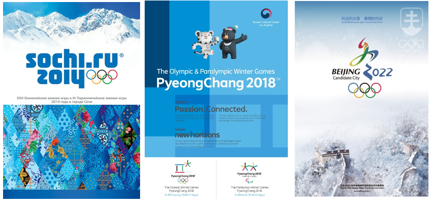 Plagáty ZOH 2014 v Soči, 2018 v Pjongčangu a 2022 v Pekingu.