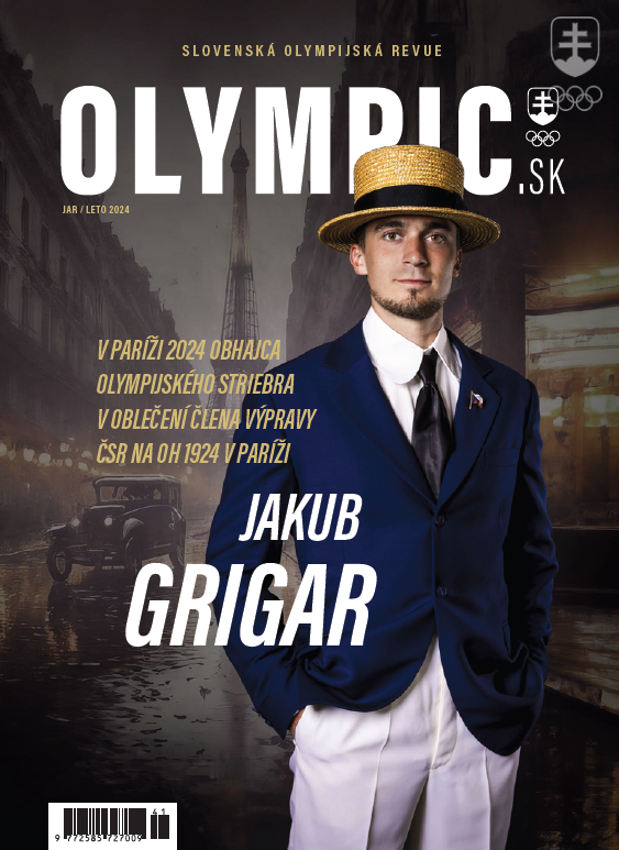 Jakub Grigar v replike oficiálneho oblečenia výpravy ČSR na OH 1924 na obálke časopisu OLYMPIC.sk jar/leto 2024.