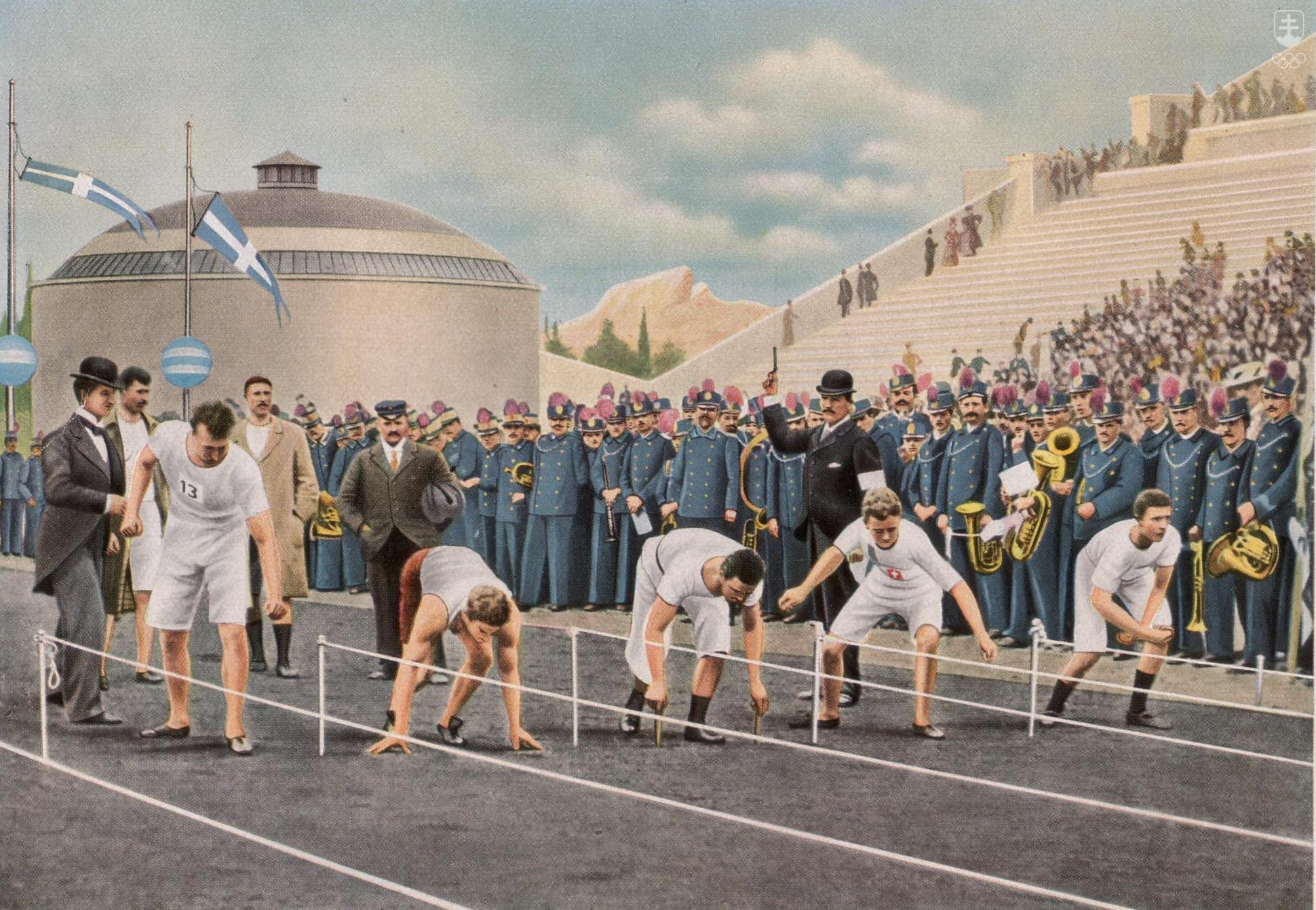 Fotografia zo štartu behu na 100 m na prvých novovekých olympijských hrách v Aténach 1896. Hry sa mohli uskutočniť vďaka dvom historickým rozhodnutiam z 23. júna 1896. Ich dejiskom bolo hlavné mesto Grécka, kolísky antických Olympijských hier.