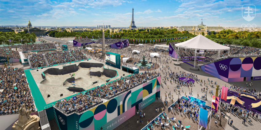 Najväčšie parížske námestie Place de la Concorde má takto vyzerať počas olympijských súťaží v tzv. urbánnych športoch.