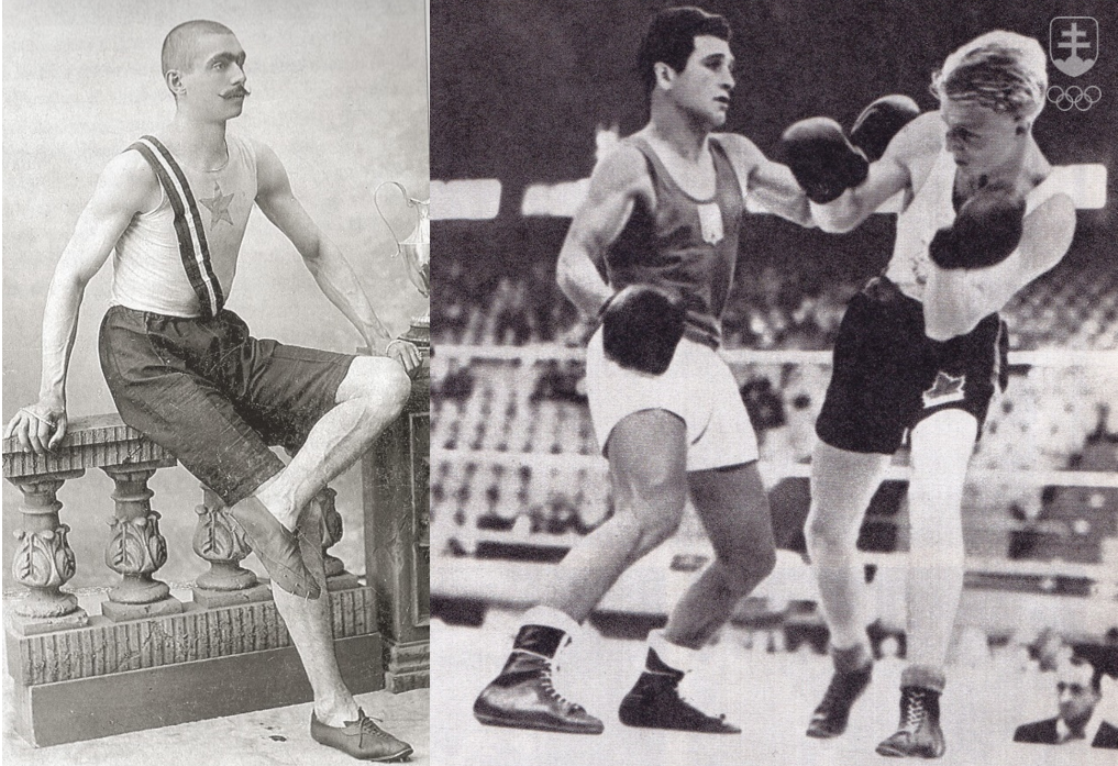 Vľavo atlét Alojz Sokol, tretí v behu na 100 m na OH 1896 v Aténach, vpravo boxer Július Torma, zlatý do 67 kg na OH 1948 v Londýne (na snímke v súboji s Kanaďanom Blackburnom).