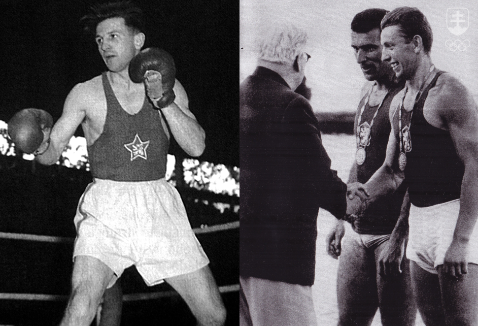 Vľavo náš olympijský víťaz v boxerskej kategórii do 57 kg na OH 1952 v Helsinkách Ján Zachara, vpravo členovia zlatého veslárskeho dvojskifu na OH 1960 v Ríme, Slovák Pavel Schmidt a Čech Václav Kozák.
