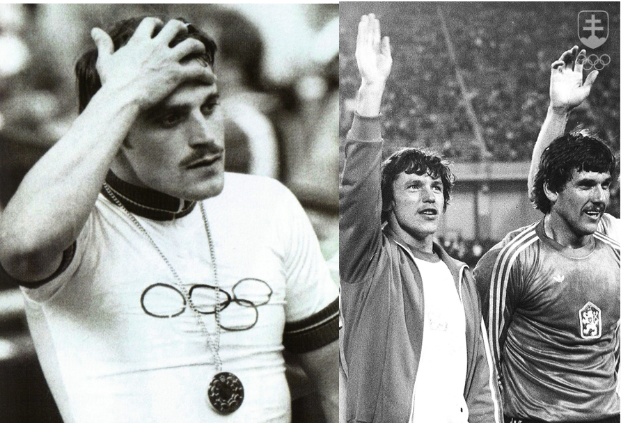 Vľavo náš olympijský víťaz v cyklistickom šprinte v Montreale 1976 Anton Tkáč, vpravo dvaja slovenskí členovia zlatého družstva futbalistov ČSSR v Moskve 1980 František Kunzo a Stanislav Seman.