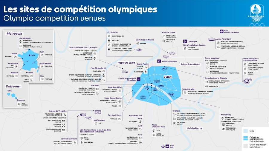 Prehľadná mapka rozloženie športovísk OH 2024 - jednak v samotnom Paríži, jednak na mape Francúzska a jednak na Tahiti.