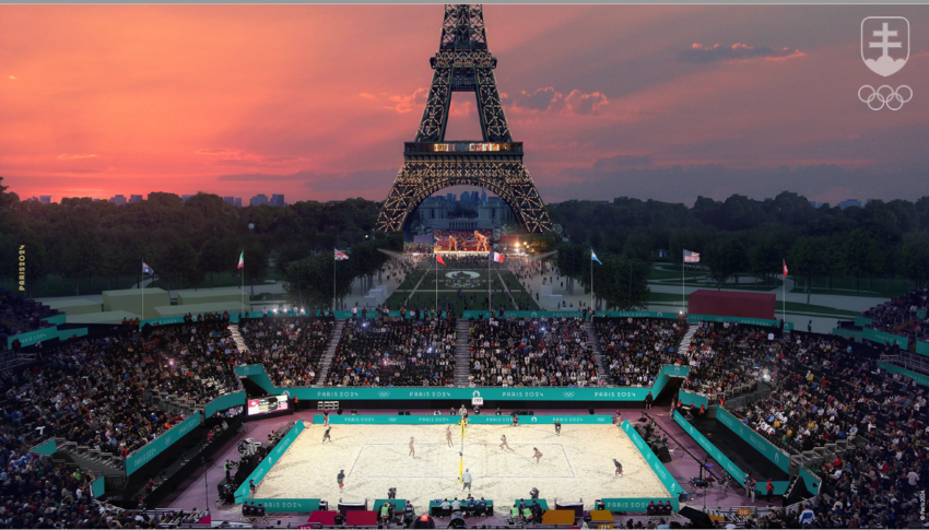 Vizualizácia, ako to má vyzerať počas zápasov v plážovom volejbale pod Eiffelovkou. Samozrejme, toto športovisko je dočasné.